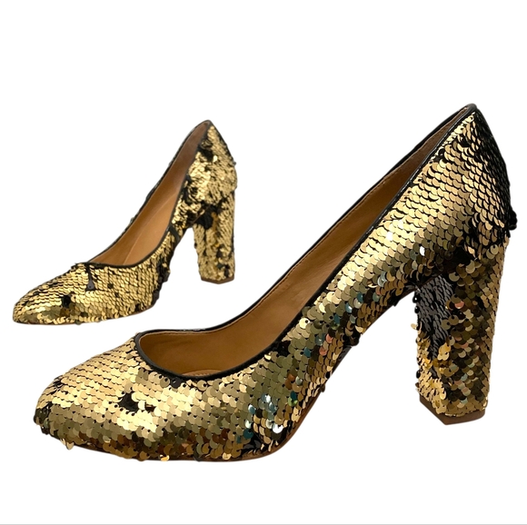 J. Crew Factory Etta Gold Dress heels shoes 9.5 Flip Sequin Pumps Holiday Party - Picture 1 of 15